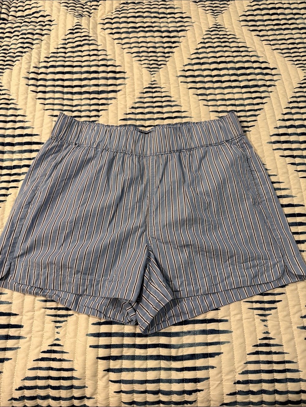 Quince Blue and White Striped High-Waist Shorts